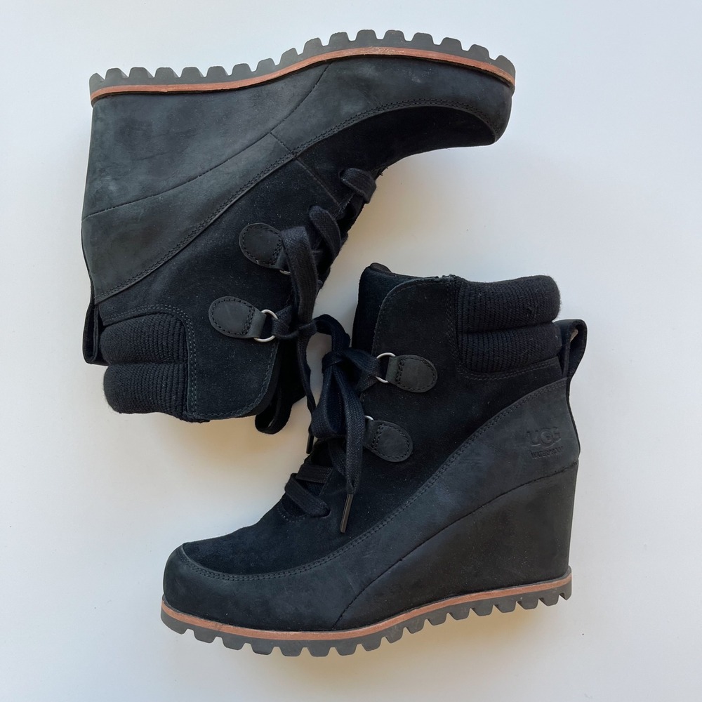 UGG Kriston Leather Suede Waterproof Wedge Booties Womens 7‎ Black
